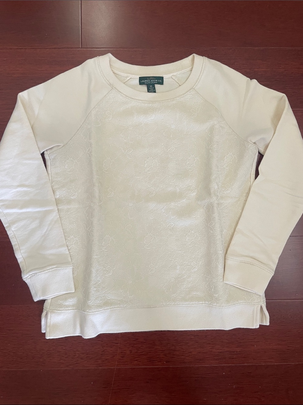 Lauren Ralph Lauren rosette lace sweatshirt cream color.
Size XS